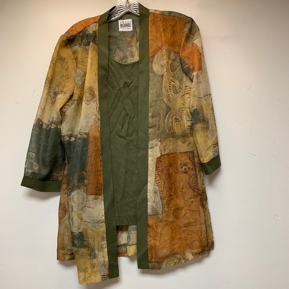 R&M Richards Duster Tank Set Womens XL Green Abstract Art To Wear Excellent 2pc
